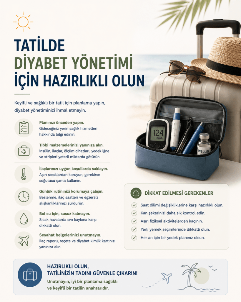 Minimalist sağlık infografiğinde açık krem tonlarında bir arka plan üzerinde “Tatilde Diyabet Yönetimi İçin Hazırlıklı Olun” başlığı yer alıyor. Sağ tarafta plaj arka planı önünde valiz, hasır şapka, güneş gözlüğü ve içinde glukometre, insülin kalemi ile insülin şişesi bulunan mavi taşıma çantası görülüyor. Sol bölümde tatil öncesi planlama, yeterli diyabet malzemesi taşıma, ilaçları uygun koşullarda saklama, bol su içme ve günlük rutini koruma gibi öneriler sade ikonlarla anlatılıyor. Alt bölümde “Hazırlıklı olun, tatilinizin tadını güvenle çıkarın!” mesajı ve palmiye ağacı illüstrasyonu bulunuyor. Görselin üst kısmında Prof. Dr. Nevrez Koylan logosu yer alıyor ve genel tasarım yaz tatilinde güvenli diyabet yönetimini modern, ferah ve minimalist bir tarzda vurguluyor.