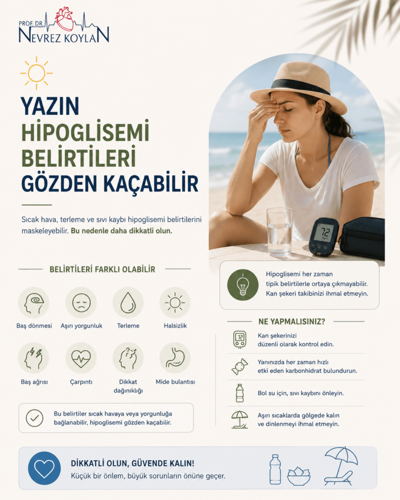 Minimalist sağlık infografiğinde açık krem tonlarında bir arka plan üzerinde “Yazın Hipoglisemi Belirtileri Gözden Kaçabilir” başlığı yer alıyor. Sağ tarafta plaj ortamında oturan, başını tutan ve halsiz görünen bir kadın bulunuyor. Masada bir bardak su, glukometre ve diyabet taşıma çantası yer alırken glukometre ekranında düşük kan şekeri değeri görülüyor. Sol bölümde baş dönmesi, aşırı yorgunluk, terleme, çarpıntı, dikkat dağınıklığı ve mide bulantısı gibi hipoglisemi belirtileri sade ikonlarla anlatılıyor. Alt bölümde düzenli kan şekeri kontrolü, hızlı karbonhidrat taşıma, bol su içme ve gölgede dinlenme önerileri bulunuyor. Görselin üst kısmında Prof. Dr. Nevrez Koylan logosu yer alıyor ve genel tasarım yaz aylarında hipoglisemi belirtilerine dikkat çekmeyi modern, ferah ve minimalist bir tarzla vurguluyor.