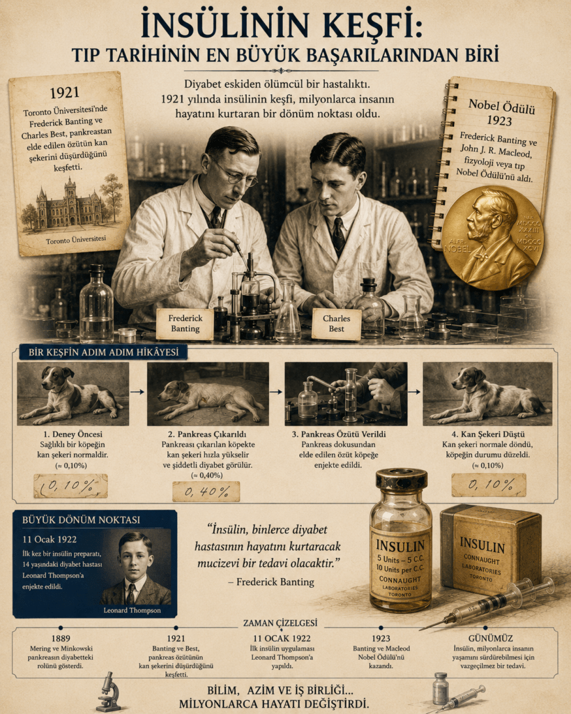 “İnsülinin keşfini anlatan vintage tarzda tıbbi infografik. Görselde Frederick Banting ve Charles Best laboratuvarda çalışırken, erken dönem deney köpekleri, tarihi insülin şişeleri, enjektörler ve Nobel Ödülü detayları yer alıyor. Zaman çizelgesi, 1921’de insülinin keşfinden günümüz diyabet tedavilerine uzanan bilimsel gelişimi gösteriyor.”