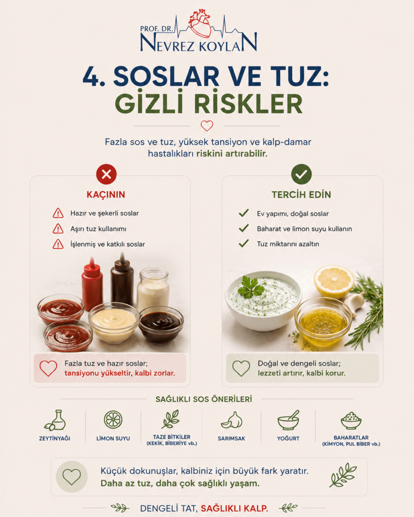 Minimalist tasarımlı 4:5 oranlı sağlık temalı görselde üst bölümde Prof. Dr. Nevrez Koylan logosu ve büyük puntolarla “4. Soslar ve Tuz: Gizli Riskler” başlığı yer alıyor. Görsel ikiye ayrılmış karşılaştırmalı bir düzen içeriyor. Sol tarafta yoğun barbekü sosları, ketçap, fazla tuz içeren işlenmiş soslar ve ağır mangal eşlikçileri kırmızı uyarı ikonlarıyla gösteriliyor. Sağ tarafta ise zeytinyağı, limon, yoğurt bazlı hafif soslar, sarımsak ve taze baharatlarla hazırlanmış doğal alternatifler yeşil onay ikonlarıyla sunuluyor. Alt bölümde “Daha doğal seçimler kalbinizi koruyabilir” mesajı dikkat çekici şekilde vurgulanırken küçük kalp, tuzluk, limon ve yaprak ikonları tasarımı destekliyor. Açık krem tonlu arka plan, doğal gün ışığı ve sade tipografi görsele modern, ferah ve kalp dostu yaz mangalı atmosferi kazandırıyor.
