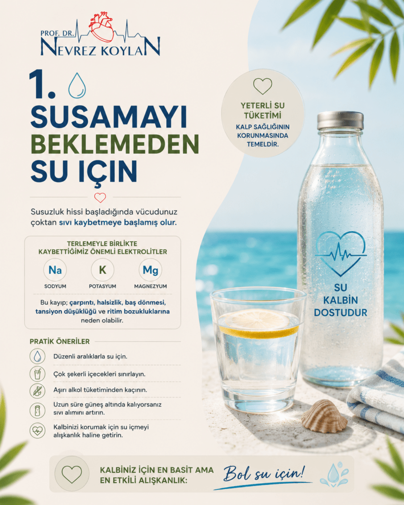 Minimalist tasarımlı 4:5 oranlı sağlık temalı görselde üst bölümde Prof. Dr. Nevrez Koylan logosu ve büyük puntolarla “1. Susamayı Beklemeden Su İçin” başlığı yer alıyor. Görselin merkezinde plaj havlusu üzerinde limon dilimli büyük bir su bardağı, şeffaf su şişesi ve ferahlatıcı yaz atmosferi bulunuyor. Arka planda turkuaz deniz, açık gökyüzü ve hafif güneş ışığı yaz sıcaklığını hissettiriyor. Sol bölümde su damlası ikonlarıyla desteklenen kısa bilgilendirici metinlerde susamayı beklemeden düzenli su içmenin kalp sağlığı ve tansiyon dengesi için önemli olduğu vurgulanıyor. Alt bölümde “Bol su için, kalbinizi sıcaktan koruyun” mesajı dikkat çekici şekilde öne çıkarılıyor. Küçük limon, su damlası, kalp ve yaprak ikonları tasarımı destekliyor. Açık krem tonlu arka plan, sade tipografi ve doğal ışık görsele modern, ferah ve yaz sağlığı odaklı bir plaj atmosferi kazandırıyor.