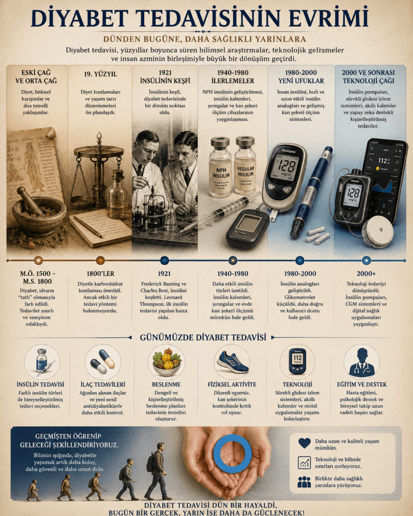 “Diyabet tedavisinin tarihsel gelişimini anlatan detaylı infografik. Görselde antik çağ bitkisel tedavilerinden başlayarak 1921’de insülinin keşfi, insülin şişeleri, glukometreler, insülin kalemleri ve modern sürekli glukoz ölçüm sistemlerine uzanan kronolojik bir zaman çizelgesi yer alıyor. Alt bölümde sağlıklı beslenme, fiziksel aktivite, ilaç tedavileri ve dijital sağlık teknolojileri diyabet yönetiminin temel unsurları olarak gösteriliyor.”