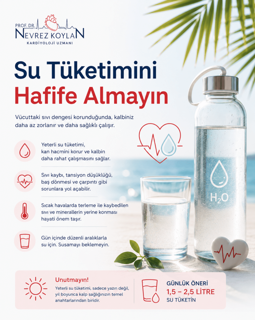Alt text:
“Su tüketiminin önemini anlatan minimalist sağlık infografiği. Sol üst köşede Prof. Dr. Nevrez Koylan logosu bulunuyor. Büyük başlıkta ‘Su Tüketimini Hafife Almayın’ yazısı yer alıyor. Sağ tarafta deniz manzarası önünde büyük şeffaf su şişesi ve su dolu bardak bulunuyor. Alt bölümde küçük beyaz kalp objesi üzerinde kırmızı EKG çizgisi yer alıyor. Sol tarafta sıvı kaybı, tansiyon düşüklüğü, çarpıntı ve sıcak havalarda mineral kaybı gibi riskleri anlatan kırmızı minimalist ikonlar ve açıklamalar sıralanmış. Alt bantta günlük 1,5–2,5 litre su tüketimi önerisi vurgulanıyor. Arka planda tropikal palmiye yaprakları ve yaz güneşi atmosferi yer alıyor. Görsel, yaz aylarında yeterli su tüketiminin kalp sağlığı için önemini modern ve ferah bir tasarımla anlatıyor.”