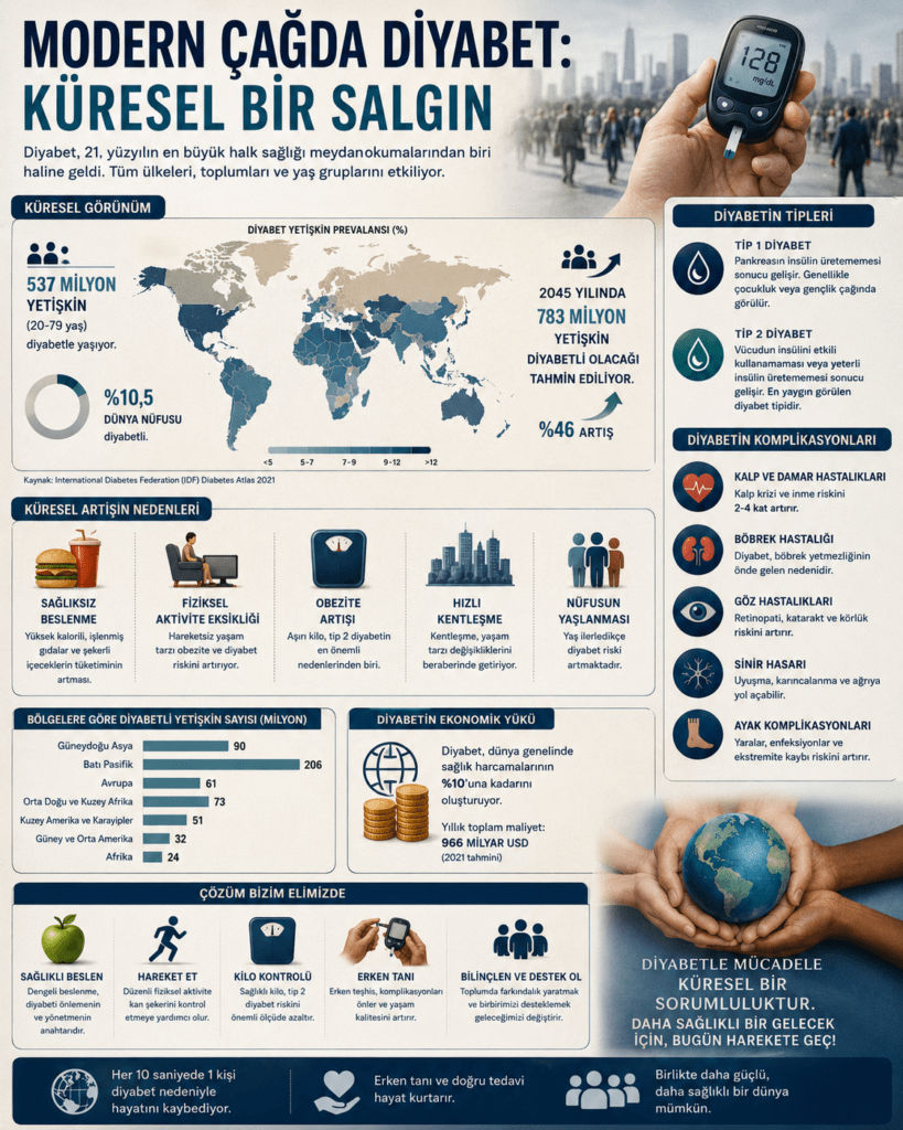 “Modern çağda diyabetin küresel etkisini anlatan detaylı infografik poster. Görselde dünya haritası üzerinde diyabet prevalansı verileri, glukoz ölçüm cihazı tutan bir el, obezite ve hareketsiz yaşam gibi risk faktörleri, diyabet komplikasyonlarını simgeleyen ikonlar ve sağlıklı yaşam önerileri yer alıyor. Alt bölümde dünyayı tutan eller, diyabetle mücadelenin küresel bir sorumluluk olduğunu vurguluyor.”
