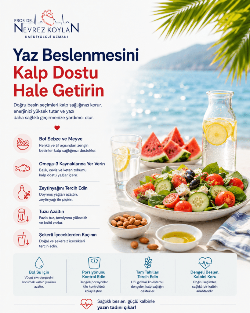 Alt text:
“Yaz beslenmesini kalp dostu hale getirmeyi anlatan minimalist sağlık infografiği. Sol üst köşede Prof. Dr. Nevrez Koylan logosu yer alıyor. Büyük başlıkta ‘Yaz Beslenmesini Kalp Dostu Hale Getirin’ yazısı bulunuyor. Sağ tarafta deniz manzarası önünde Akdeniz tipi sağlıklı besinlerden oluşan bir masa görülüyor; salata tabağı, domates, salatalık, zeytin, beyaz peynir, karpuz dilimleri, badem, zeytinyağı ve limonlu su sürahisi yer alıyor. Sol bölümde bol sebze ve meyve tüketimi, omega-3 kaynakları, zeytinyağı tercihi, tuz azaltılması ve şekerli içeceklerden kaçınılması gibi öneriler kırmızı minimalist ikonlarla açıklanıyor. Alt bölümde su tüketimi, porsiyon kontrolü, tam tahıl tercihi ve dengeli beslenmenin kalp sağlığına katkısını anlatan mavi tonlu ikonlar bulunuyor. Arka plandaki palmiye yaprakları ve sahil manzarası yaz atmosferini destekliyor.”