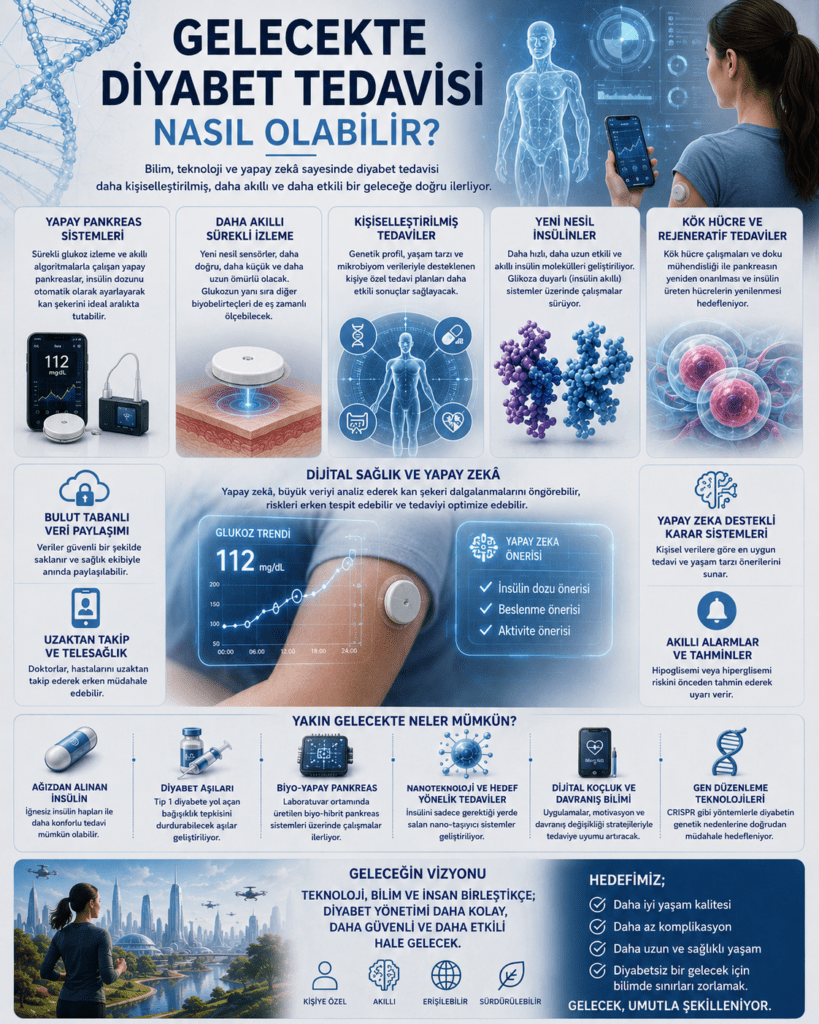 “Gelecekte diyabet tedavisini anlatan modern ve futuristik infografik poster. Görselde yapay pankreas sistemleri, sürekli glukoz izleme sensörleri, yapay zekâ destekli sağlık ekranları, kişiselleştirilmiş tedavi modelleri, kök hücre teknolojileri ve gen düzenleme yöntemleri yer alıyor. Ortadaki dijital sağlık panelinde gerçek zamanlı glukoz verileri gösterilirken, alt bölümde geleceğin akıllı şehirleri ve teknoloji destekli sağlıklı yaşam vizyonu vurgulanıyor.”