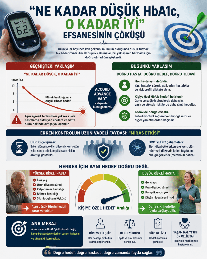 “Ne Kadar Düşük HbA1c, O Kadar İyi” yaklaşımının sorgulandığı 4:5 oranlı medikal infografik. Görselin üst kısmında HbA1c ölçümü gösteren glukometre ve hedef tahtası bulunurken büyük başlıkta “Ne Kadar Düşük HbA1c, O Kadar İyi Efsanesinin Çöküşü” ifadesi yer alıyor. Sol bölümde geçmişteki agresif glisemik kontrol yaklaşımını temsil eden kırmızı grafik ve uyarı simgeleri görülüyor. Sağ tarafta ise kişiselleştirilmiş tedavi anlayışını anlatan yeşil temalı bilgi kutuları, hasta profilleri ve risk değerlendirme ikonları bulunuyor. ACCORD, ADVANCE ve VADT çalışmalarına vurgu yapan merkez bölümde “miras etkisi” ve metabolik hafıza kavramları açıklanıyor. Alt bölümde yüksek riskli yaşlı hasta ile düşük riskli genç hasta karşılaştırılarak her birey için farklı HbA1c hedeflerinin gerektiği anlatılıyor. Modern infografik tasarım mavi, yeşil ve kırmızı tonlarla hazırlanmış olup kişiselleştirilmiş diyabet yönetimi temasını vurguluyor.
