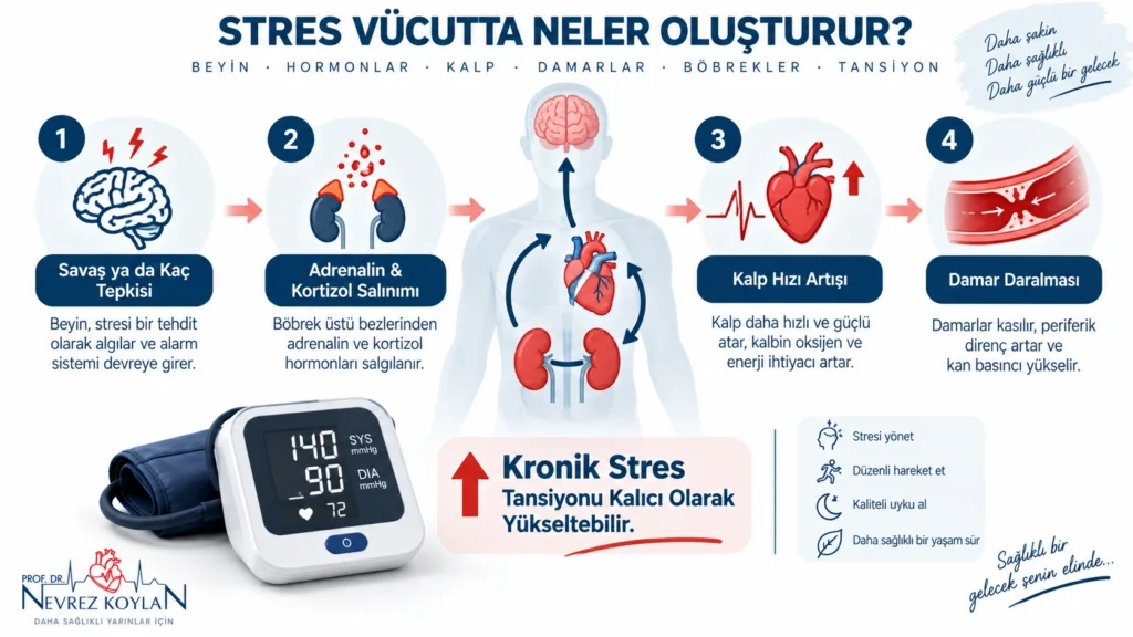 Stresin kan basıncını yükseltme mekanizmasını gösteren tıbbi infografik