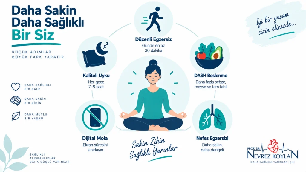 Stres yönetimi için egzersiz uyku beslenme ve nefes egzersizi önerileri infografiği
