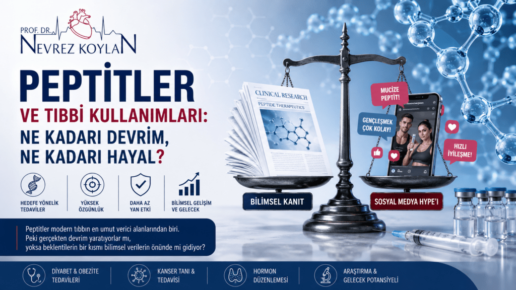 Peptitlerin tıbbi kullanımları, bilimsel kanıtlar ve sosyal medya iddialarını karşılaştıran, moleküler yapı ve Prof. Dr. Nevrez Koylan logosu içeren sağlık temalı kapak görseli.