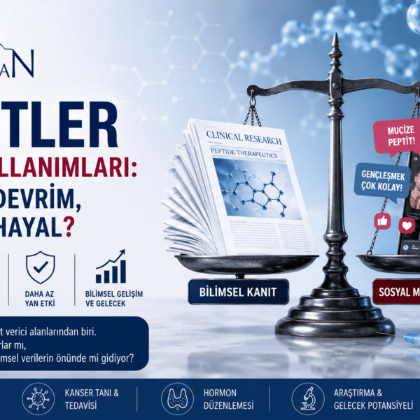 Peptitlerin tıbbi kullanımları, bilimsel kanıtlar ve sosyal medya iddialarını karşılaştıran, moleküler yapı ve Prof. Dr. Nevrez Koylan logosu içeren sağlık temalı kapak görseli.