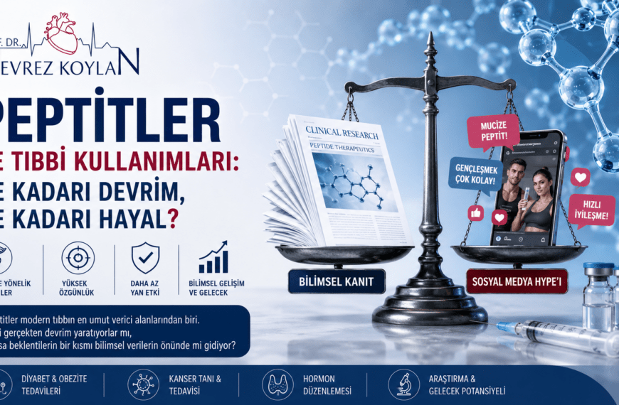 Peptitlerin tıbbi kullanımları, bilimsel kanıtlar ve sosyal medya iddialarını karşılaştıran, moleküler yapı ve Prof. Dr. Nevrez Koylan logosu içeren sağlık temalı kapak görseli.