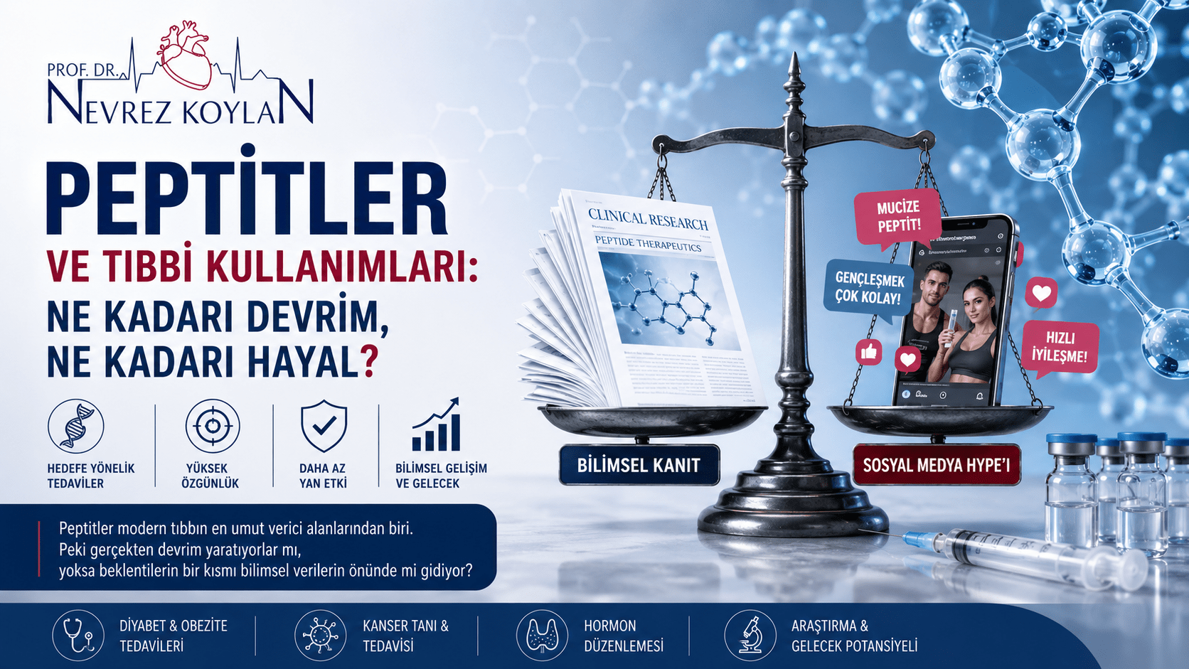 Peptitlerin tıbbi kullanımları, bilimsel kanıtlar ve sosyal medya iddialarını karşılaştıran, moleküler yapı ve Prof. Dr. Nevrez Koylan logosu içeren sağlık temalı kapak görseli.