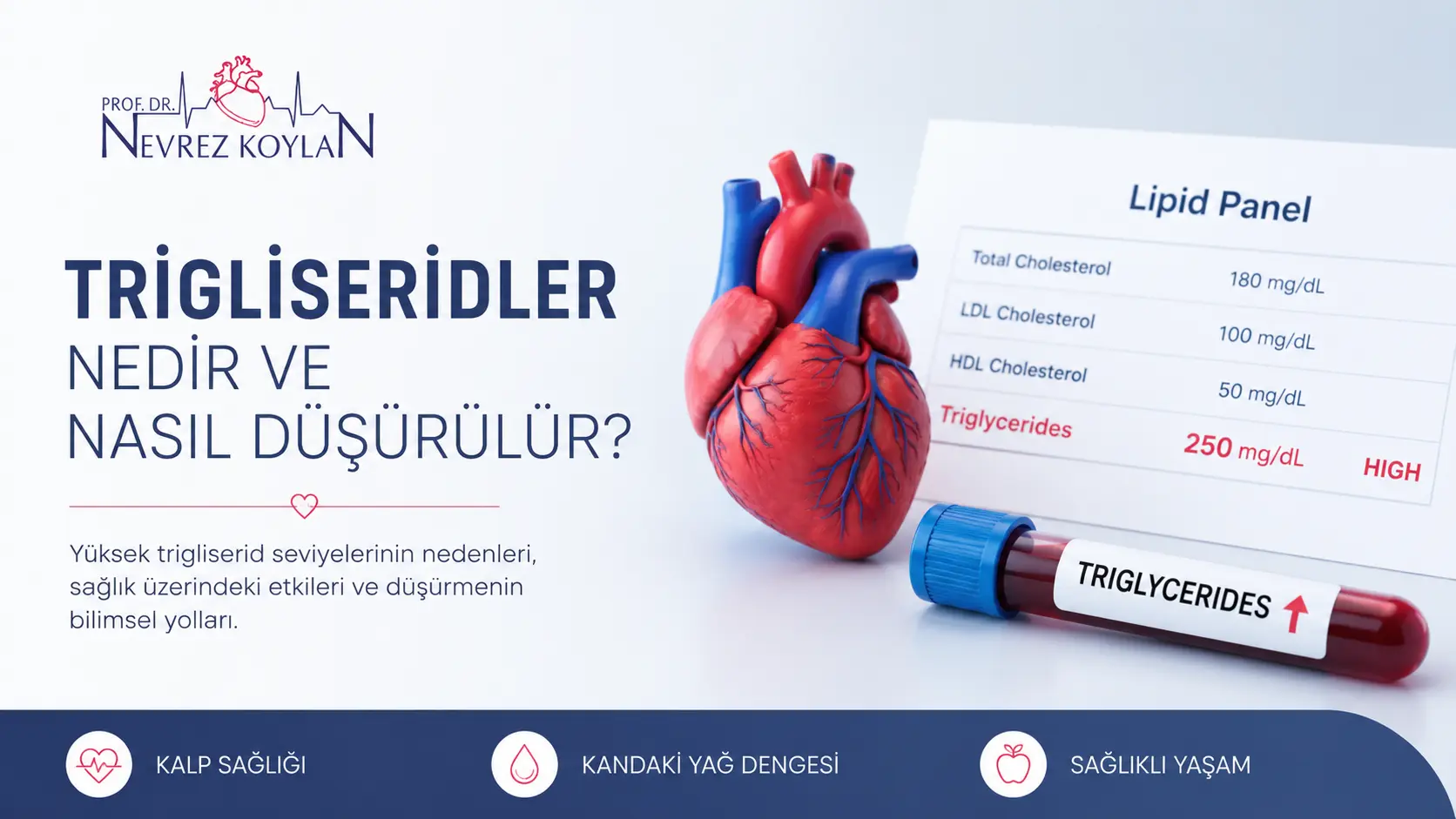 Yüksek trigliseridlerin kalp sağlığına etkilerini gösteren minimalist blog kapak görseli ve Prof. Dr. Nevrez Koylan logosu.