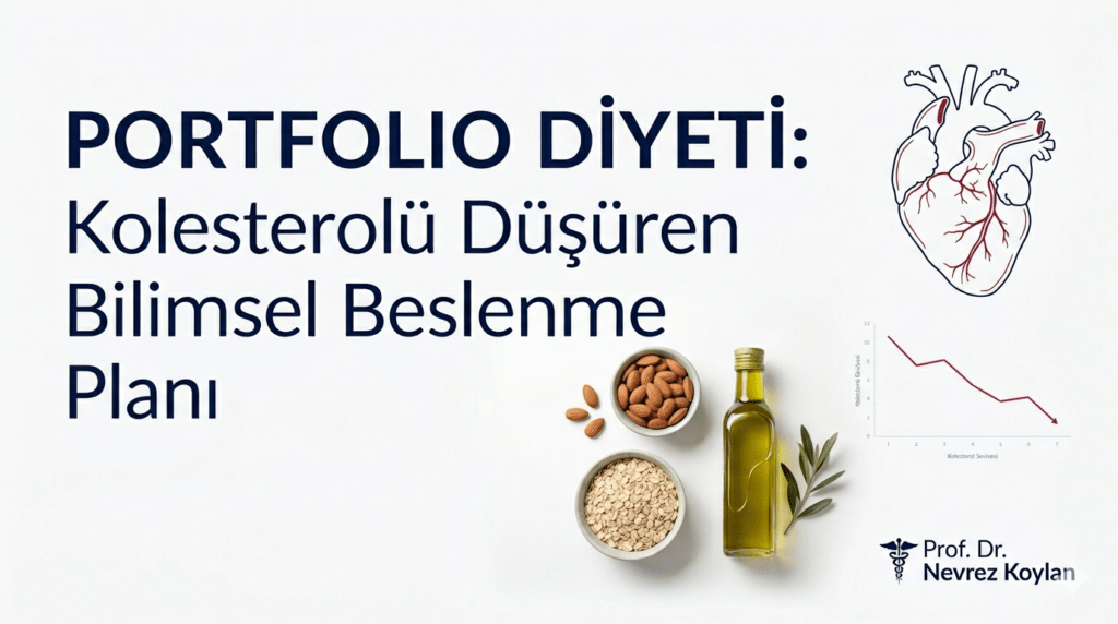 Portfolio diyeti ile kolesterol düşürme grafiği, kalp çizimi ve sağlıklı besinler - Prof. Dr. Nevrez Koylan