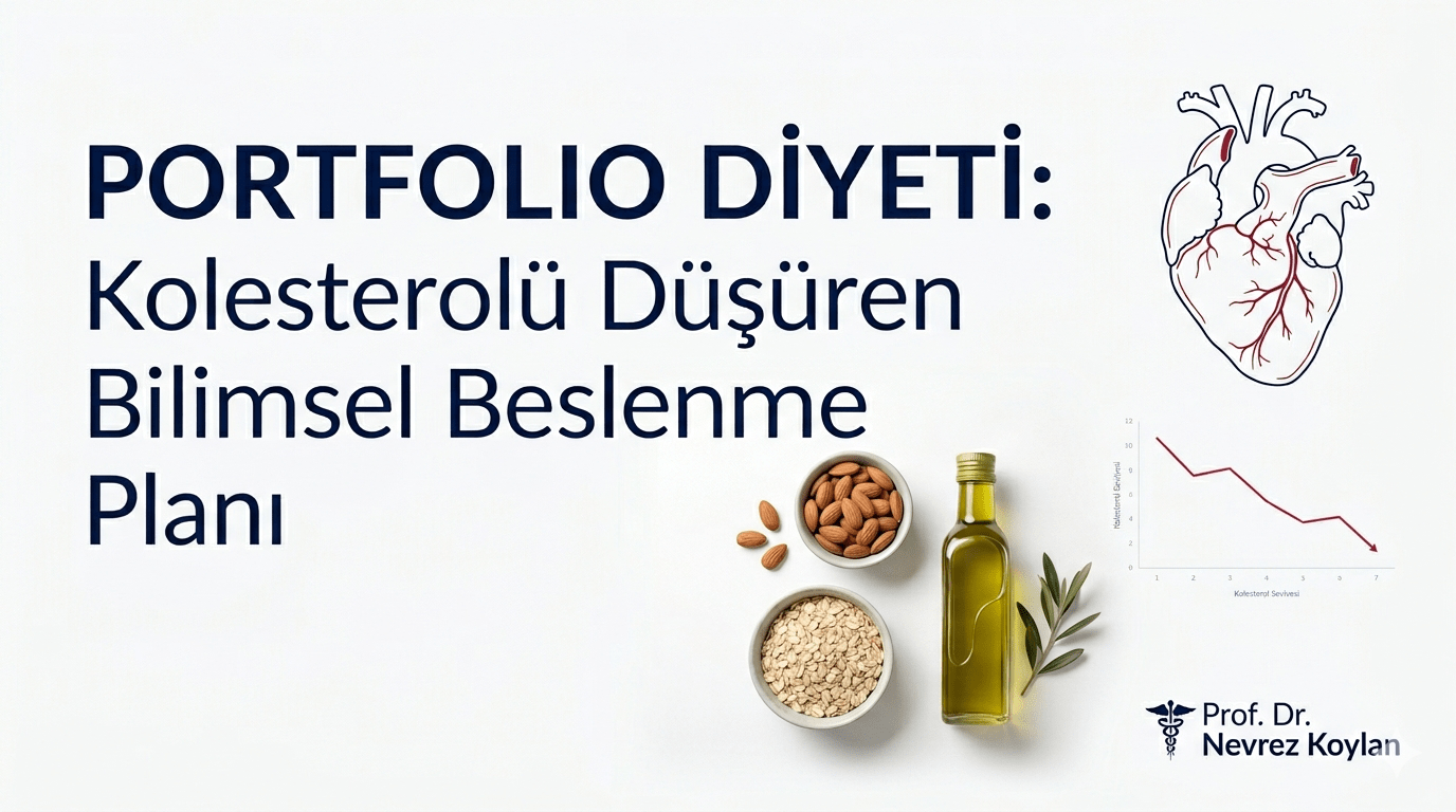 Portfolio diyeti ile kolesterol düşürme grafiği, kalp çizimi ve sağlıklı besinler - Prof. Dr. Nevrez Koylan