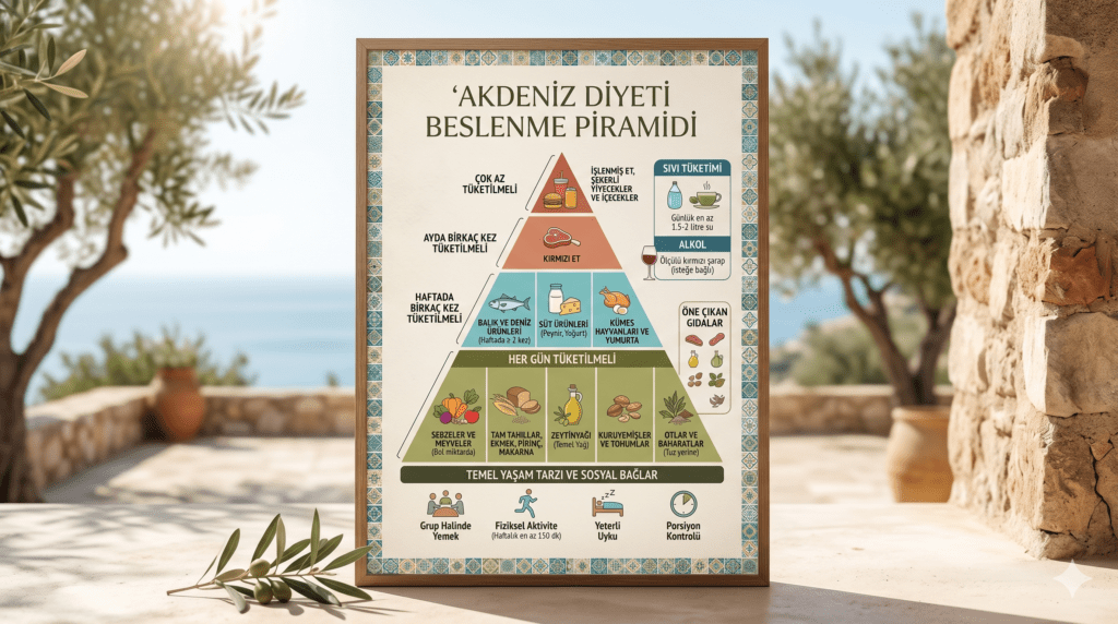 Sağlıklı yaşam ve beslenme adımlarını gösteren Akdeniz diyeti piramidi görseli.