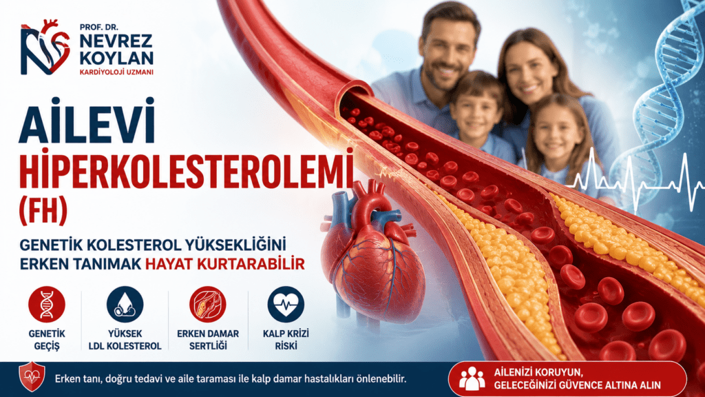 Ailevi hiperkolesterolemi (FH) hakkında kapak görseli; genetik kolesterol yüksekliği, damar içinde LDL kolesterol birikimi, kalp sağlığı ve ailevi geçiş riskini gösteren tıbbi illüstrasyon.