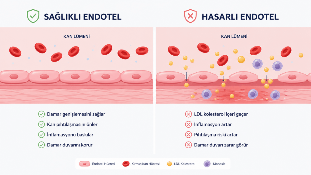 Sağlıklı endotel ile hasarlı endotelin karşılaştırılması ve ateroskleroz başlangıcını gösteren damar sağlığı infografiği.