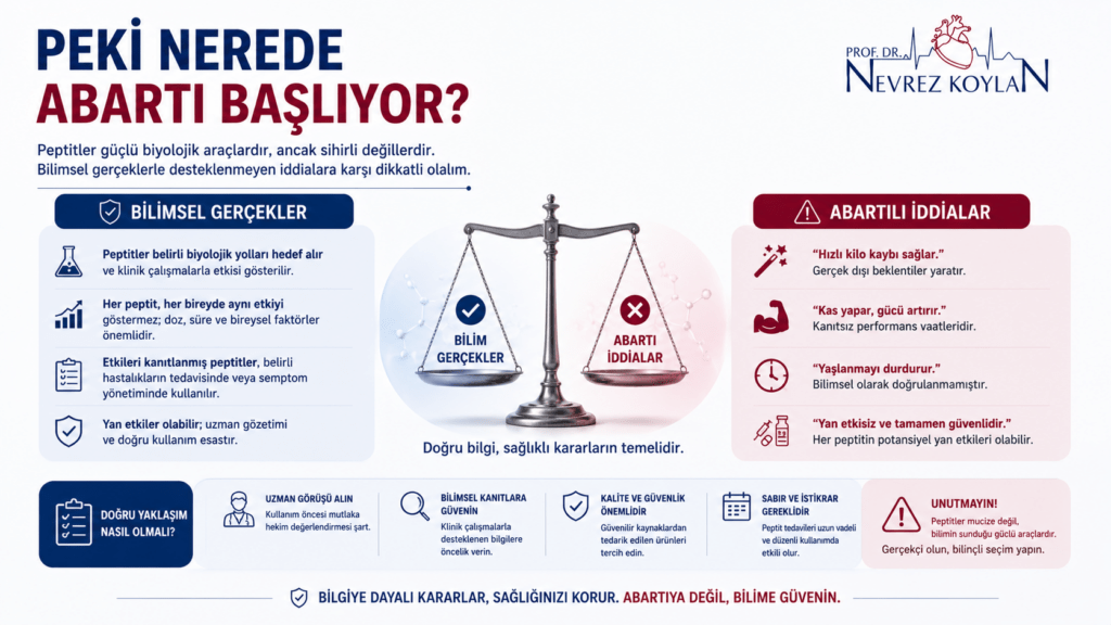 Peptitler hakkında bilimsel gerçekler ile abartılı sosyal medya iddialarını karşılaştıran sağlık temalı tıbbi infografik.