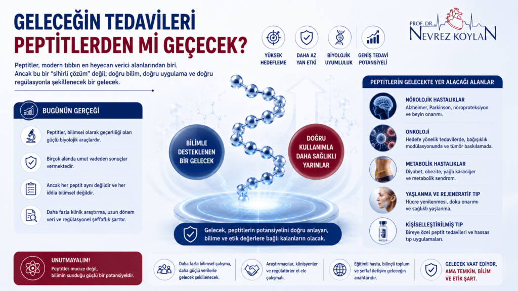 Peptitlerin gelecekte obezite, diyabet, kanser ve nörolojik hastalıkların tedavisindeki potansiyel rolünü gösteren modern tıbbi infografik.