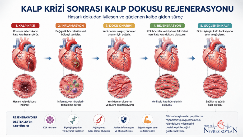 Kalp krizinden sonra hasarlı kalp dokusunun iyileşme ve rejenerasyon sürecini gösteren bilimsel infografik; inflamasyon, doku onarımı, yeni damar oluşumu ve kalp kası yenilenmesini aşamalı olarak açıklayan tıbbi illüstrasyon.