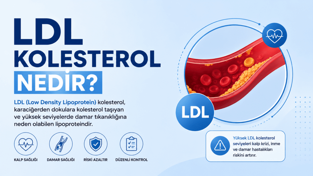 LDL kolesterol nedir, yüksek LDL kolesterolün damar tıkanıklığı, kalp krizi ve inme riskiyle ilişkisini gösteren minimalist tıbbi infografik.