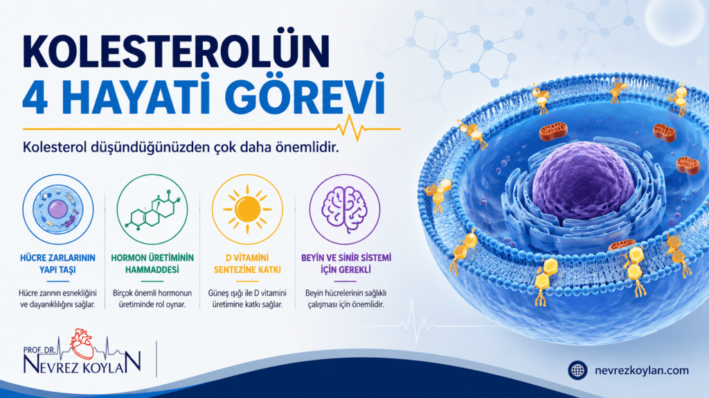 Kolesterolün hücre zarlarının yapısı, hormon üretimi, D vitamini sentezi ve beyin fonksiyonlarındaki rolünü gösteren infografik.