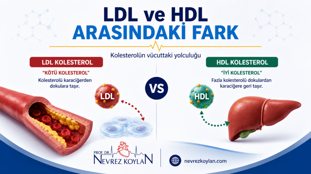 LDL ve HDL kolesterol arasındaki farkları gösteren tıbbi infografik. Sol tarafta damar içinde plak oluşumunu temsil eden LDL kolesterolün dokulara kolesterol taşıma görevi, sağ tarafta ise HDL kolesterolün fazla kolesterolü karaciğere geri taşıma işlevi görsel olarak anlatılıyor. Alt bölümde Prof. Dr. Nevrez Koylan logosu ve web sitesi yer alıyor.