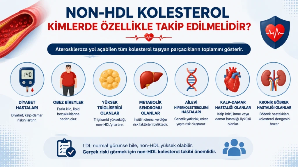 Non-HDL kolesterolün özellikle takip edilmesi gereken risk gruplarını gösteren infografik. Diyabet, obezite, metabolik sendrom, yüksek trigliserid, ailevi hiperkolesterolemi, kalp-damar ve kronik böbrek hastalığı olan bireyleri gösteren 16:9 tıbbi görsel.
