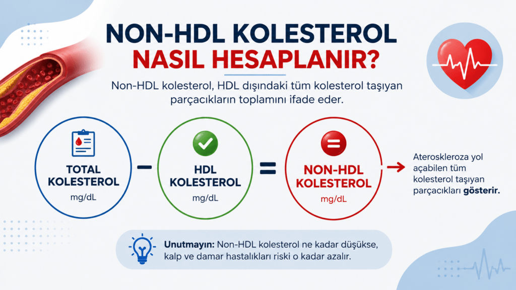 Non-HDL kolesterolün hesaplanmasını gösteren infografik. Total kolesterol eksi HDL kolesterol formülü ile non-HDL kolesterolün nasıl hesaplandığını anlatan 16:9 tıbbi görsel