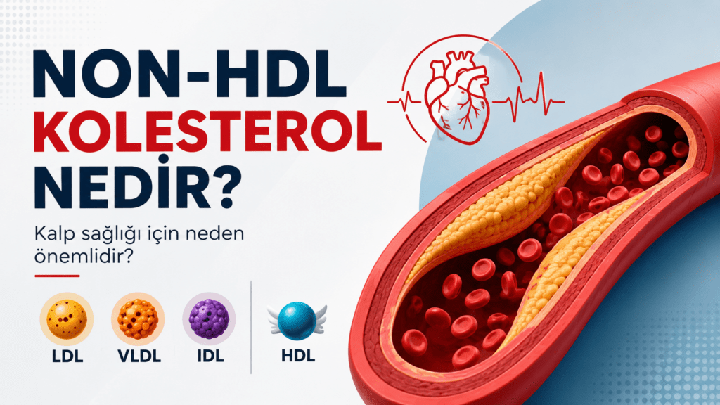 Non-HDL kolesterolü anlatan tıbbi illüstrasyon. Damar içinde aterosklerotik plak birikimi, LDL, VLDL, IDL ve HDL lipoproteinleri ile kalp sağlığı ilişkisini gösteren minimal kapak görseli.