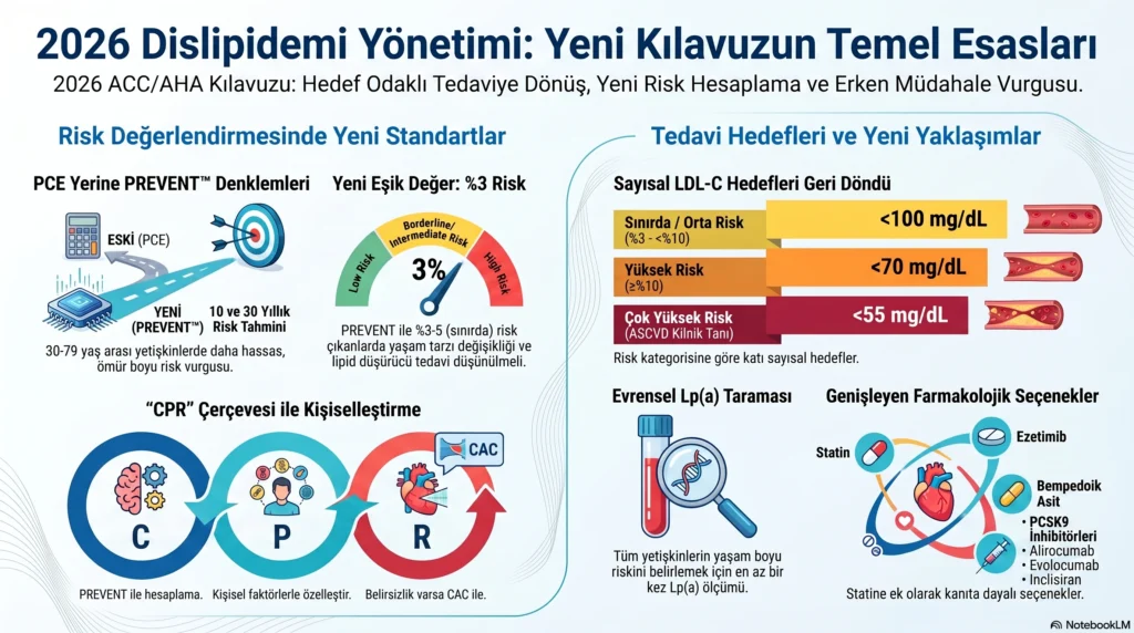2026 ACC/AHA Dislipidemi Yönetimi Kılavuzu'nun temel mesajlarını, yeni LDL kolesterol hedeflerini, PREVENT denklemlerini ve Lp(a) testi gerekliliğini gösteren özet infografik