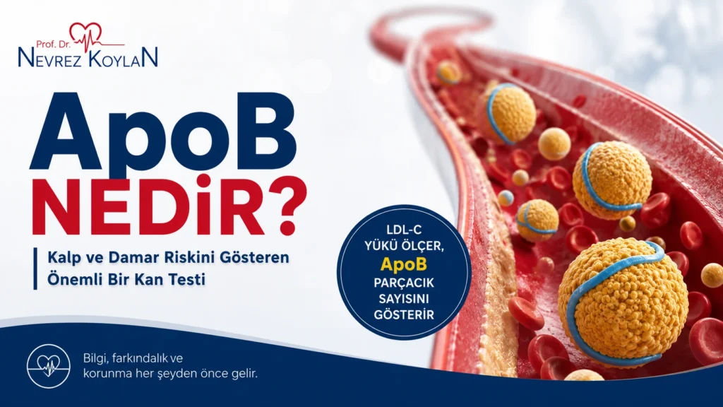 ApoB nedir? LDL-C ile ApoB farkını ve ApoB’nin kalp ve damar hastalıkları riskinin değerlendirilmesindeki önemini anlatan görsel.