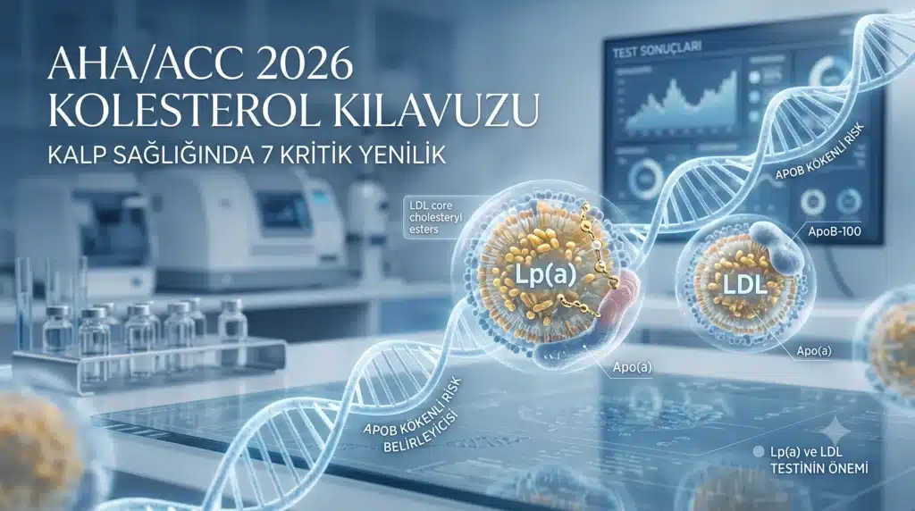 "AHA/ACC 2026 Kolesterol Kılavuzu" başlığı ve "Kalp Sağlığında 7 Kritik Yenilik" alt başlığına sahip, fütüristik bir laboratuvarda Lp(a), LDL partikülleri ve mavi DNA sarmalını gösteren 3D tıbbi görsel.