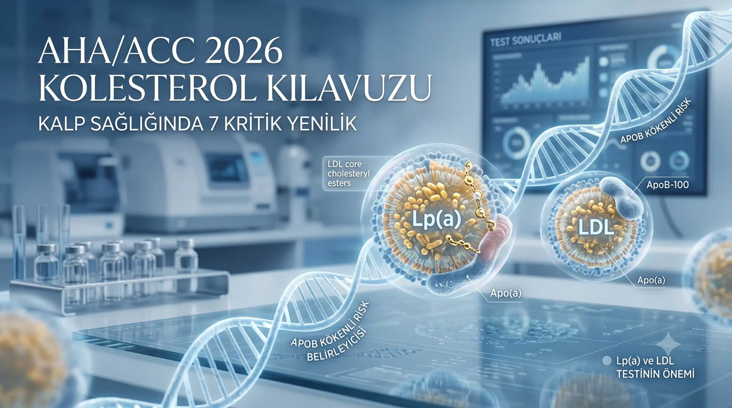 "AHA/ACC 2026 Kolesterol Kılavuzu" başlığı ve "Kalp Sağlığında 7 Kritik Yenilik" alt başlığına sahip, fütüristik bir laboratuvarda Lp(a), LDL partikülleri ve mavi DNA sarmalını gösteren 3D tıbbi görsel.
