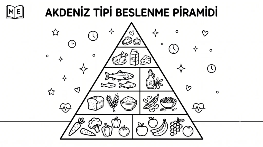 Siyah beyaz çizgi film tarzında, tabanında sebze ve meyveler, orta katlarında tahıllar ve balık, zirvesinde ise et ve tatlı ikonu bulunan "AKDENİZ TİPİ BESLENME PİRAMİDİ" şeması.