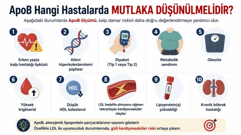 ApoB testinin önerildiği yüksek kardiyovasküler risk gruplarını gösteren infografik: diyabet, metabolik sendrom, obezite, yüksek trigliserid ve ailevi hiperkolesterolemi.