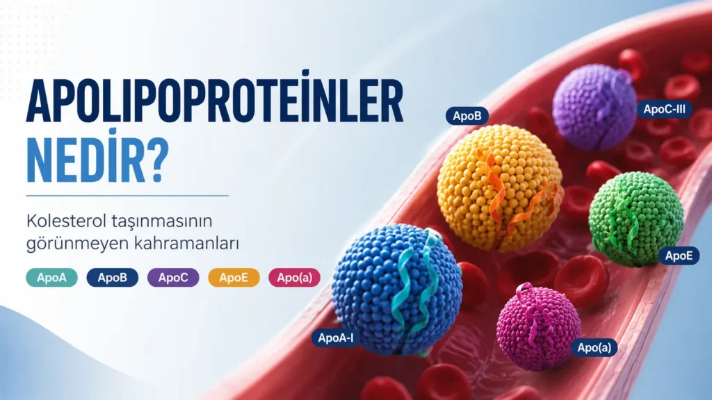 Apolipoproteinler nedir? ApoA, ApoB, ApoC, ApoE ve Apo(a) türlerinin kan dolaşımındaki lipoproteinlerle ilişkisini gösteren tıbbi görsel.