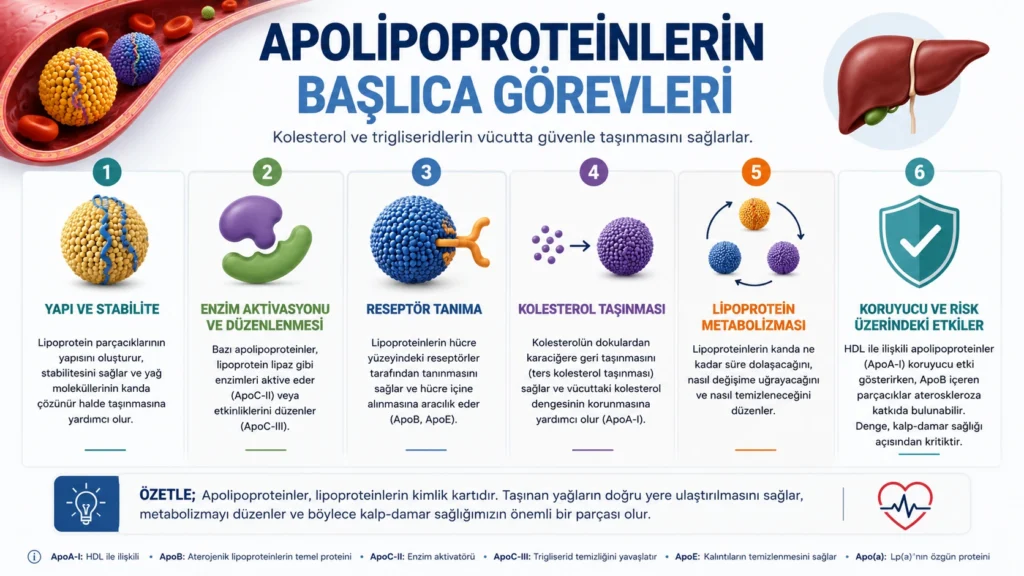 Apolipoproteinlerin yapı ve stabilite, enzim aktivasyonu, reseptör tanıma, kolesterol taşınması ve lipoprotein metabolizmasındaki başlıca görevlerini gösteren infografik.