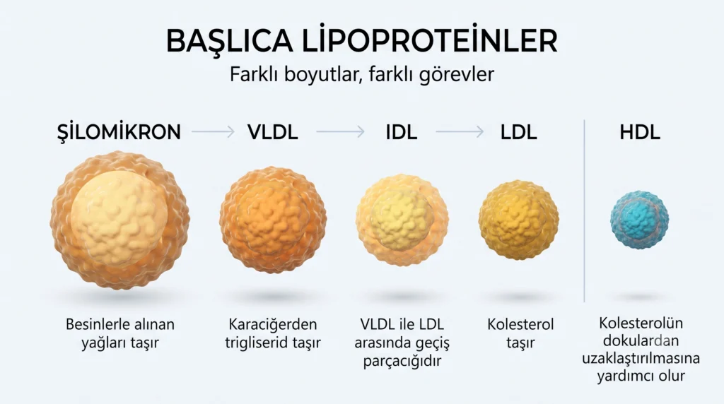 Temiz ve açık gri bir arka plan üzerinde, soldan sağa doğru küçülen beş ana lipoprotein parçacığının karşılaştırmalı tıbbi infografiği. Üstte "BAŞLICA LİPOPROTEİNLER - Farklı boyutlar, farklı görevler" başlığı yer almaktadır. Soldan sağa ince oklarla bağlanan kehribar/sarı tonlarındaki Şilomikron, VLDL, IDL ve LDL parçacıkları boyut sırasıyla dizilmiştir; en sağda ise net bir dikey çizgiyle ayrılmış, mavi renkli en küçük parçacık olan HDL bulunmaktadır. Her parçacığın altında Türkçe görev tanımları yazılıdır.