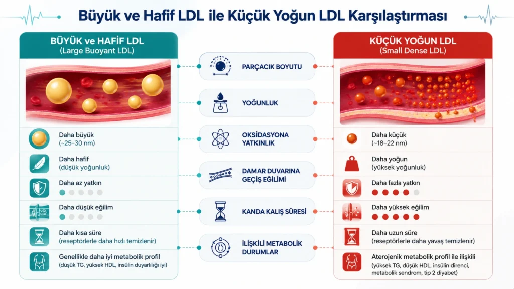 Büyük LDL ile küçük yoğun LDL parçacıklarının temel özelliklerini karşılaştıran infografik.
