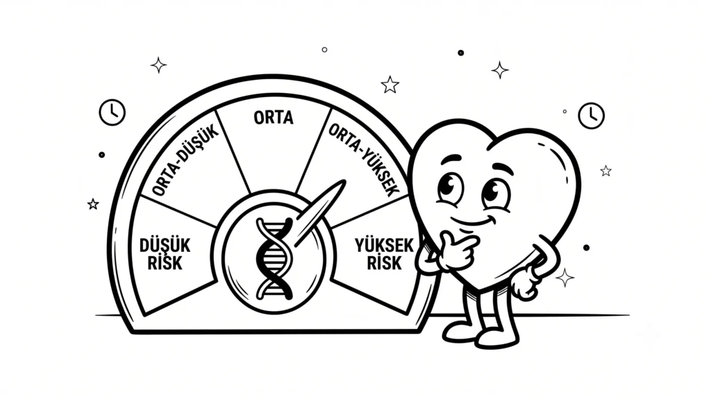 Siyah beyaz çizgi film tarzında, ortasında DNA sarmalı simgesi ve üzerinde "Düşük Risk", "Orta-Düşük", "Orta", "Orta-Yüksek", "Yüksek Risk" dilimleri olan bir kadranı düşünen bir ifadeyle inceleyen sevimli kalp karakteri.
