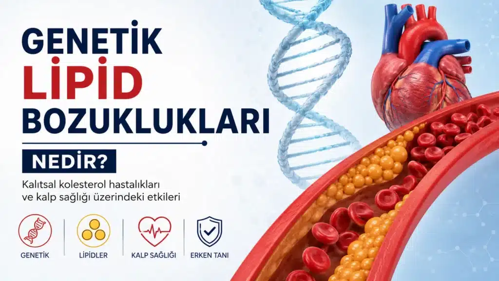 DNA sarmalı, kalp ve kolesterol plaklarının yer aldığı, genetik lipid bozukluklarının kalp-damar sağlığı üzerindeki etkilerini gösteren illüstratif kapak görseli.