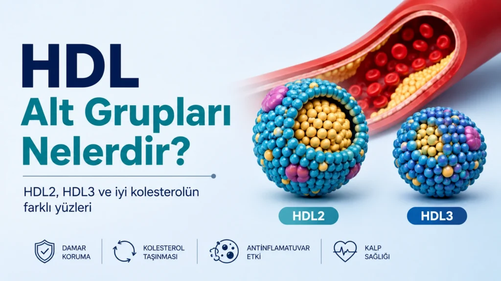 HDL alt grupları (HDL2 ve HDL3) arasındaki temel farkları ve iyi kolesterolün kalp-damar sağlığındaki koruyucu rolünü gösteren tıbbi kapak görseli.
