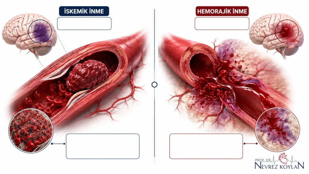 İskemik ve hemorajik inmeyi karşılaştıran tıbbi infografik; solda pıhtıya bağlı damar tıkanıklığı, sağda damar yırtılması ve beyin kanaması gösterilmektedir.