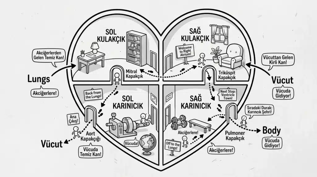 Siyah beyaz karikatür tarzında çizilmiş, kalbin dört odacığını (Sağ Kulakçık, Sol Kulakçık, Sağ Karıncık, Sol Karıncık) ve kapakçıklarını ev odaları şeklinde gösteren Türkçe açıklamalı eğlenceli anatomi diyagramı.