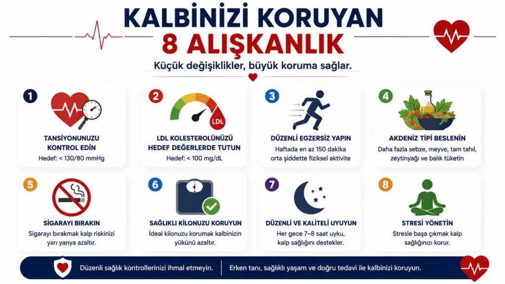 Kalp sağlığını korumaya yardımcı olan sekiz temel yaşam alışkanlığını gösteren infografik: tansiyon kontrolü, LDL kolesterolün hedef düzeyde tutulması, düzenli egzersiz, Akdeniz tipi beslenme, sigarayı bırakma, sağlıklı kilonun korunması, kaliteli uyku ve stres yönetimi.