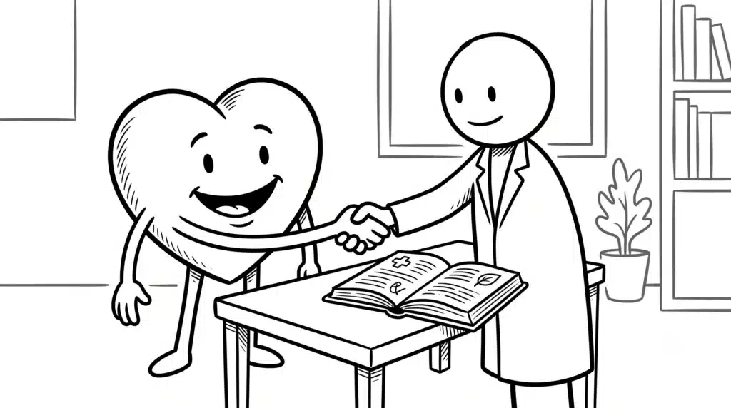Masadaki açık medikal kitabın üzerinde el sıkışan, gülümseyen karikatür kalp karakteri ve doktor. Arka planda kütüphane ve saksı bitkisi bulunan siyah-beyaz çizim.
