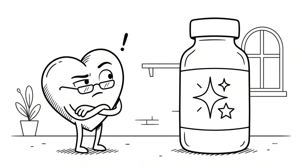 Neşeli, gülümseyen ve doktor steteskopu takan karikatür kalp karakteri; yanında tıbbi artı işareti olan konuşma balonu ve minimalist medikal ikonlarla çevrili siyah-beyaz çizim.